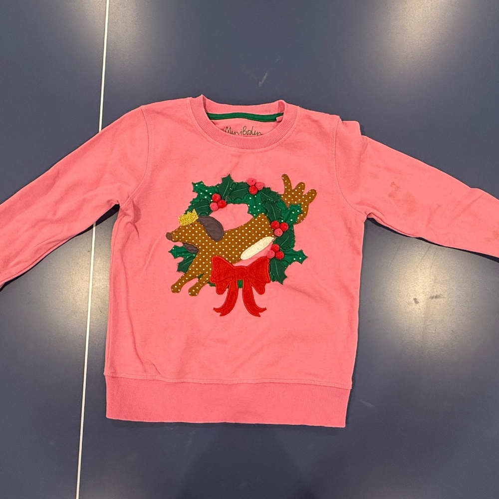 Size 6-7 Mini Boden Cosy Appliqué Sweatshirt in Bright Petal pink Sausage Dog